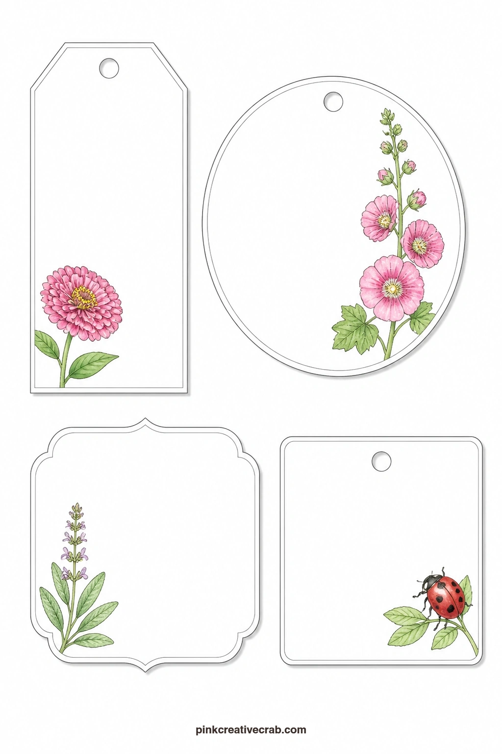 Zinnia Hollyhock Sage Ladybird Tags printable page — Garden colour carries on here with a luggage tag featuring a zinnia, a round tag with a hollyhock stem, a