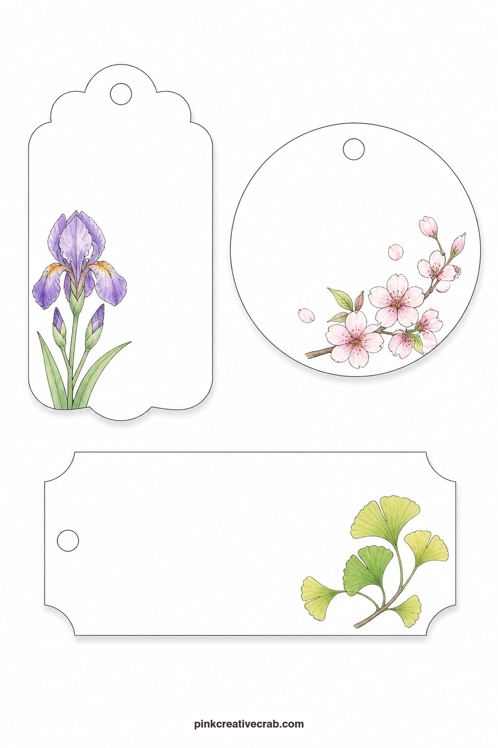 Iris Cherry Blossom Ginkgo Tags printable page — Three distinct leaf and petal shapes meet on this sheet: a scalloped tag with an iris, a round tag with a