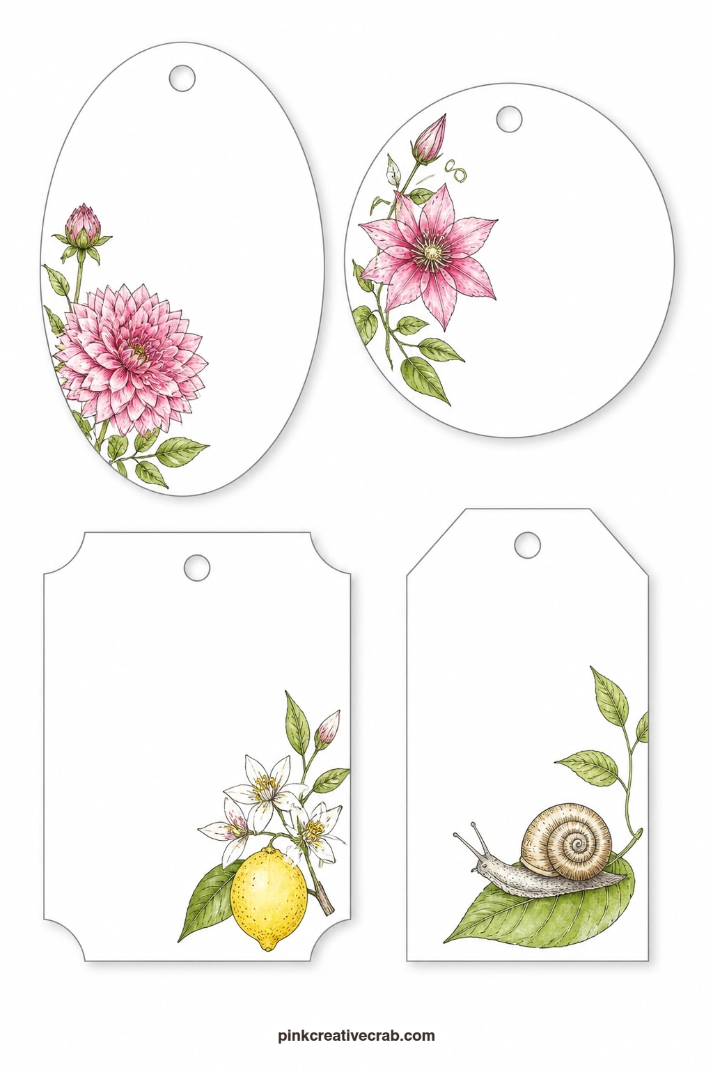 Dahlia Clematis Lemon Blossom Snail Tags printable page — Four small garden scenes round out this sheet, an oval tag with a dahlia, a round tag with a