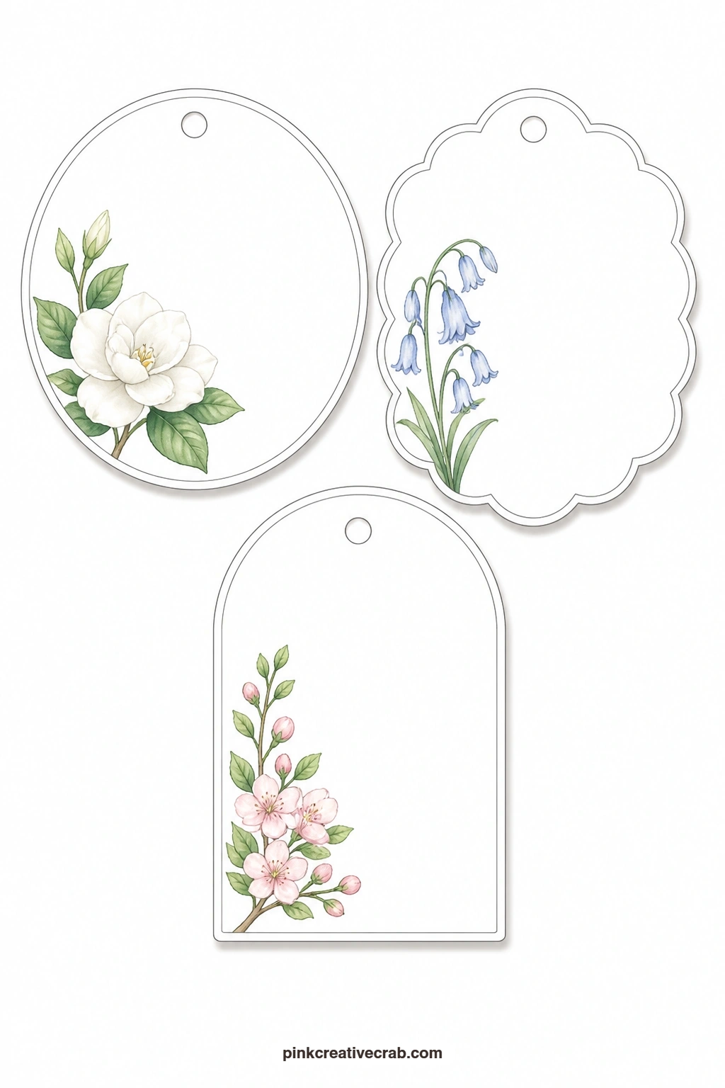 Gardenia Bluebell Myrtle Tags printable page — Scented flowers gather on this sheet, a round tag with a gardenia, a scalloped tag with a bluebell and an arched
