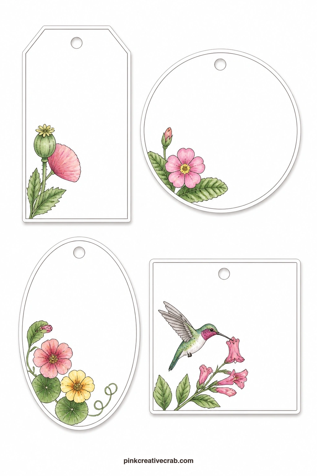 Poppy Seed Primrose Nasturtium Hummingbird Tags printable page — Four tags share this busier sheet: a luggage tag with a poppy seed head, a round tag with a