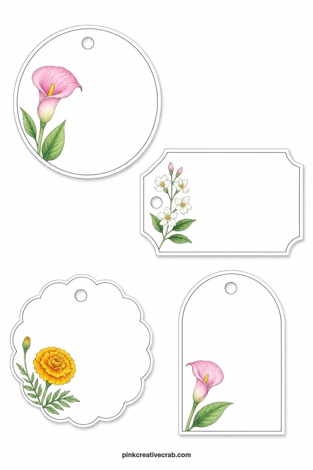 Calla Lily Jasmine Marigold Tags printable page — This sheet holds a round tag with a calla lily, a ticket label with a sprig of jasmine and a scalloped tag