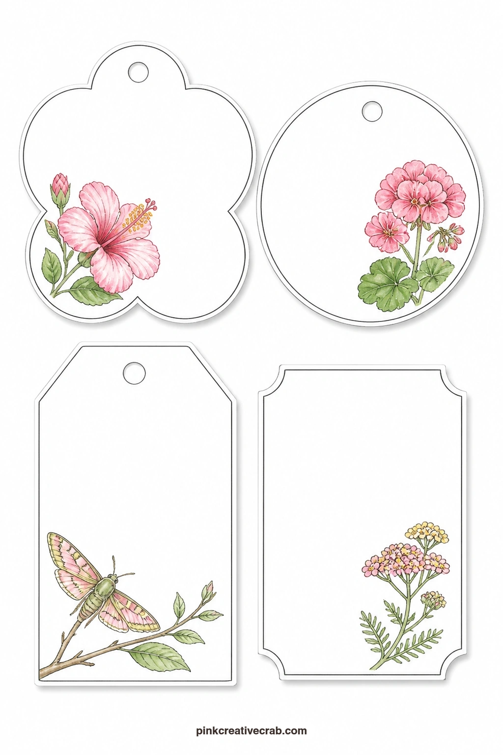 Hibiscus Geranium Moth Yarrow Tags printable page — A bold hibiscus leads this sheet, joined by a round tag with a geranium, a luggage tag with a moth resting