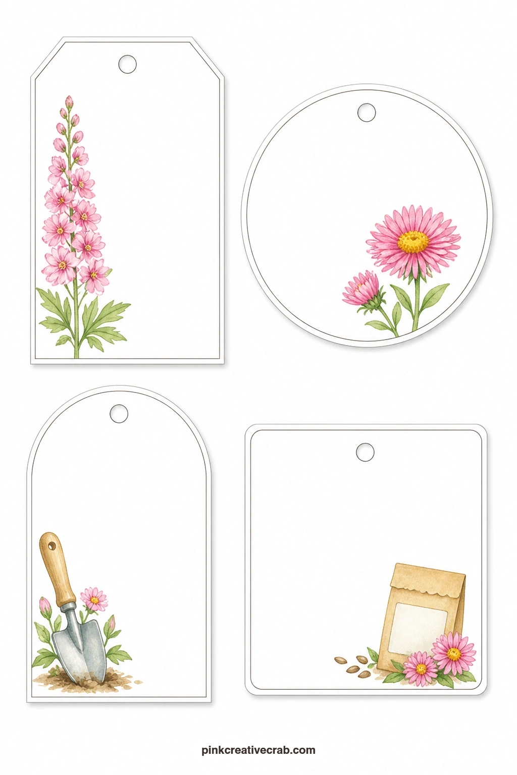 Delphinium Aster Trowel Seed Packet Tags printable page — Garden tools join the flowers on this sheet, a luggage tag with a delphinium spike, a round tag with