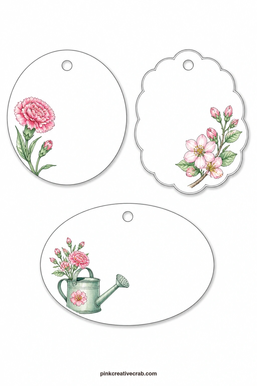 Carnation Apple Blossom Watering Can Tags printable page — This sheet brings a round tag with a carnation, a scalloped tag with an apple blossom sprig and an