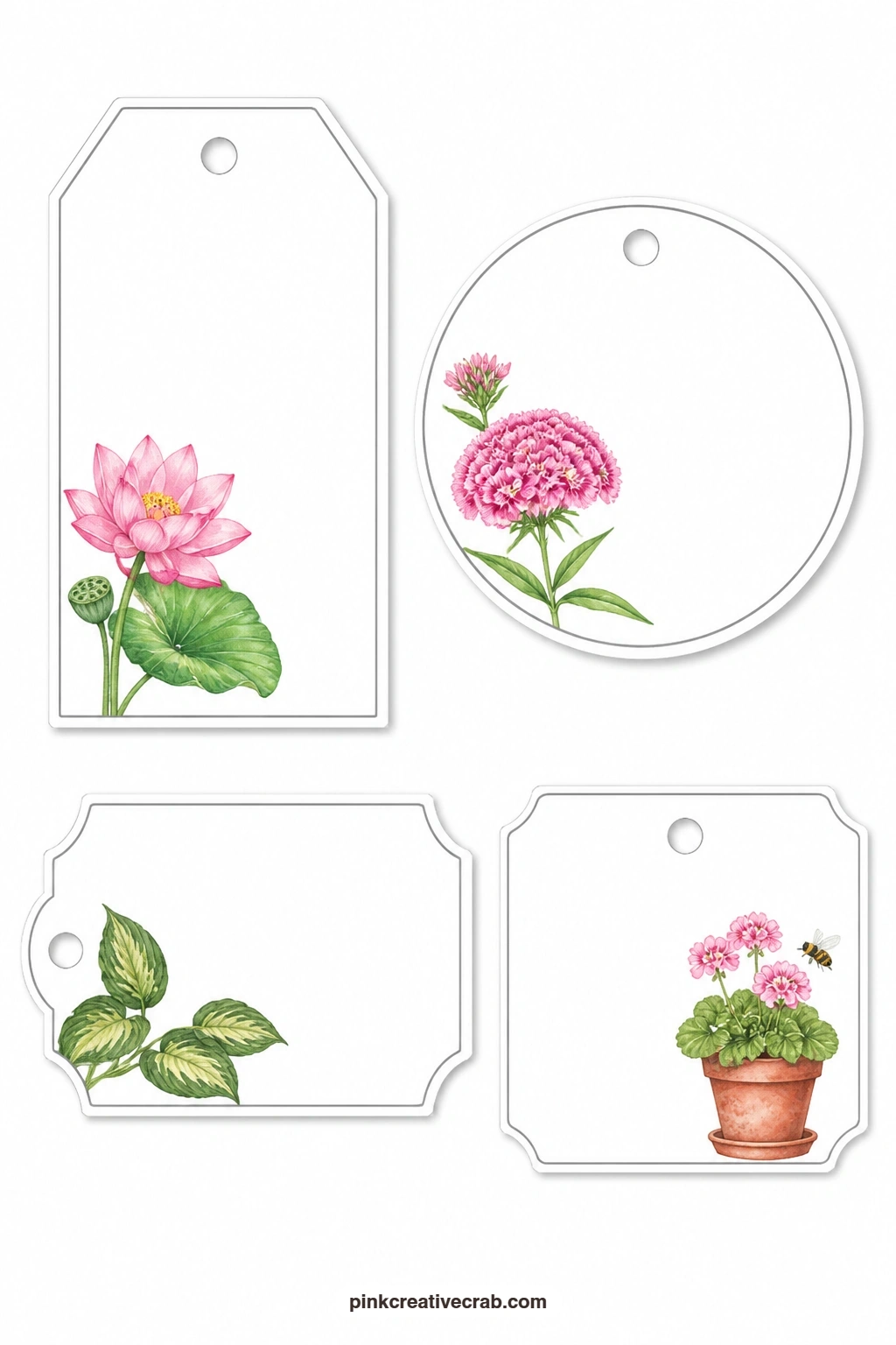 Lotus Sweet William Hosta Flower Pot Tags printable page — The last sheet closes the set with a luggage tag with a lotus, a round tag with a sweet william, a