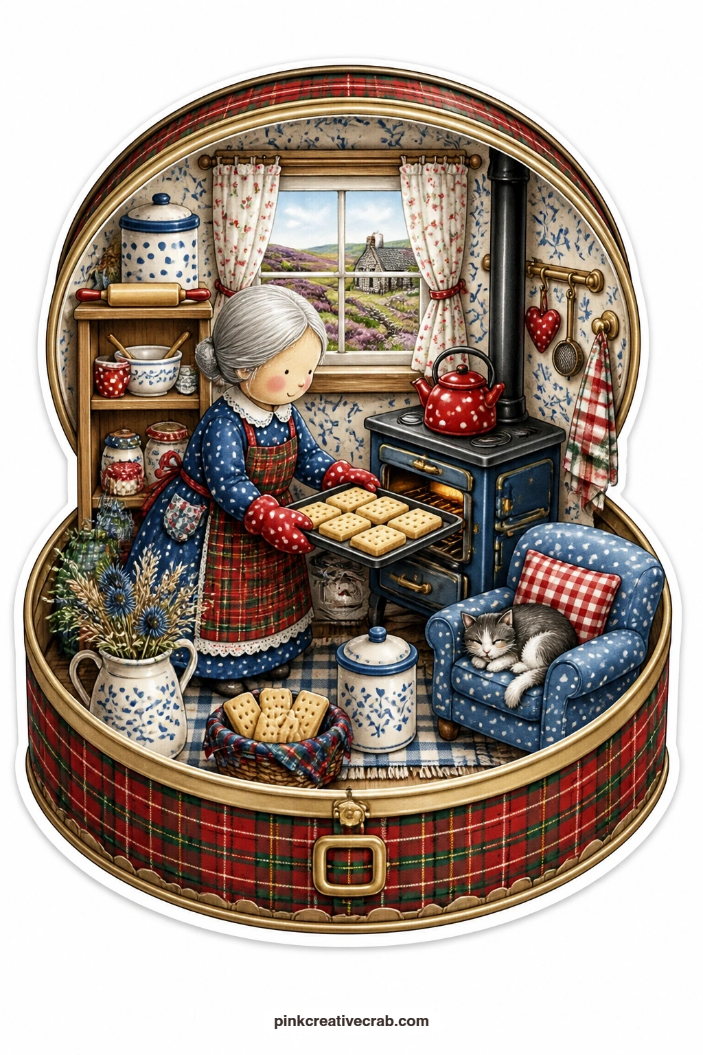 The Shortbread Kitchen printable page — Picture this one as the card that opens the whole set: a round biscuit tin tipped open like a little stage, where an