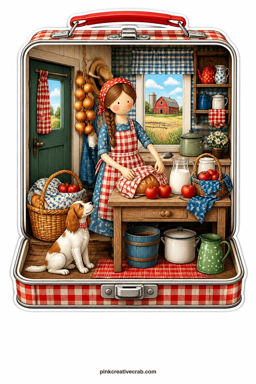 The Lunch Tin Farmhouse printable page — Opens the lunch tin into a warm farmhouse kitchen where a young woman wraps bread and apples for the fields, with