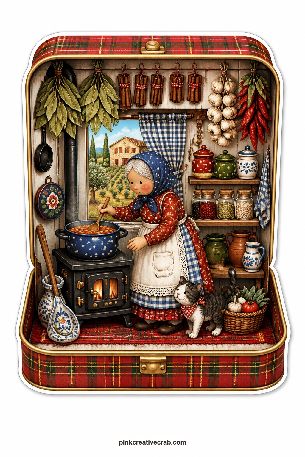The Stew Pot Kitchen printable page — Settles a spice tin into a kitchen hung with bay leaves and cinnamon sticks, where an elderly woman stirs a slow stew