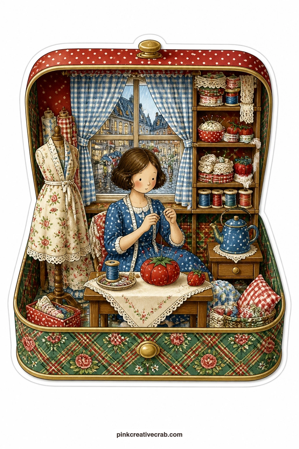 The Sewing Tin Studio printable page — Threading a needle beside pincushions and spools of lace, a young woman sits in a sewing tin studio while a rainy town