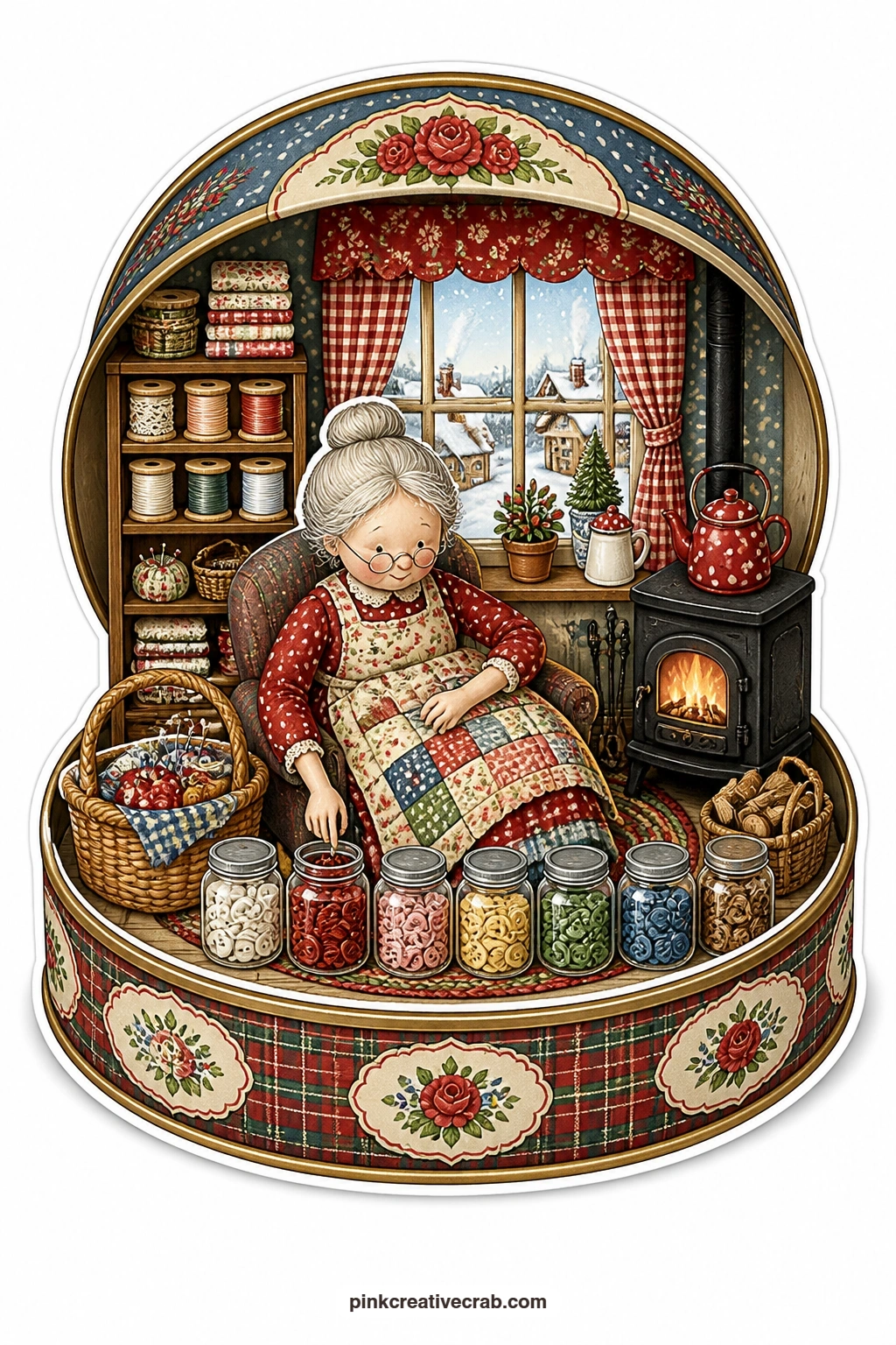 The Button Tin Parlor printable page — Sorts a lifetime of buttons into glass jars in a snug button tin parlor, where an elderly woman works beside her sewing