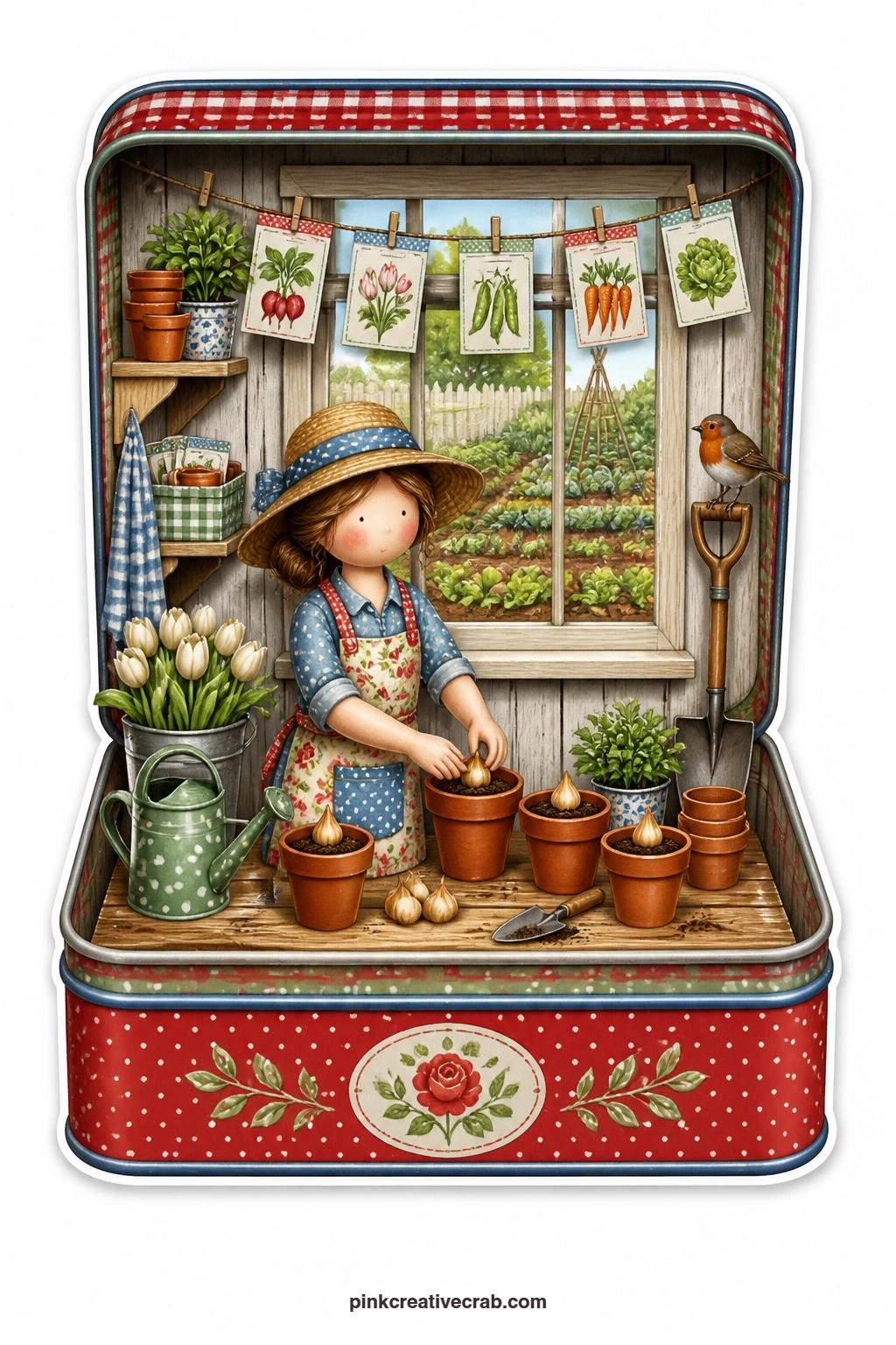 The Potting Shed Seeds printable page — Plants spring bulbs into little clay pots inside a seed tin potting shed, a robin perched companionably on the handle