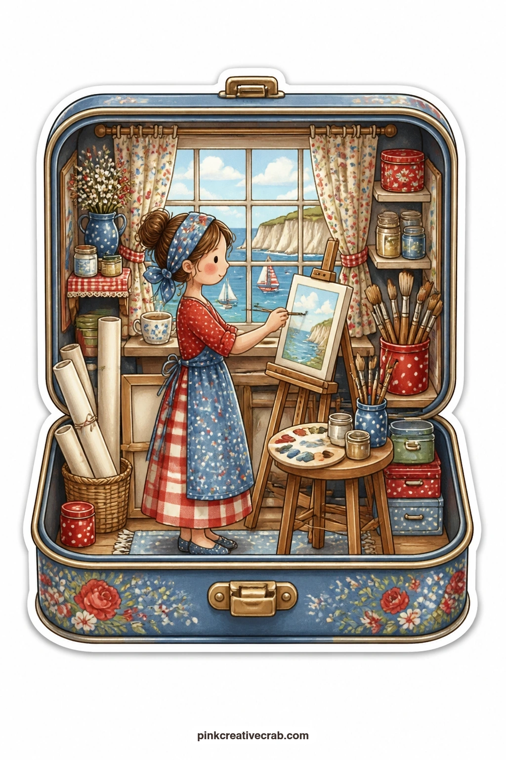 The Painter's Tin Studio printable page — Puts a paint tin to work as a tiny studio where a young woman stands at her easel finishing a seascape, cliffs and