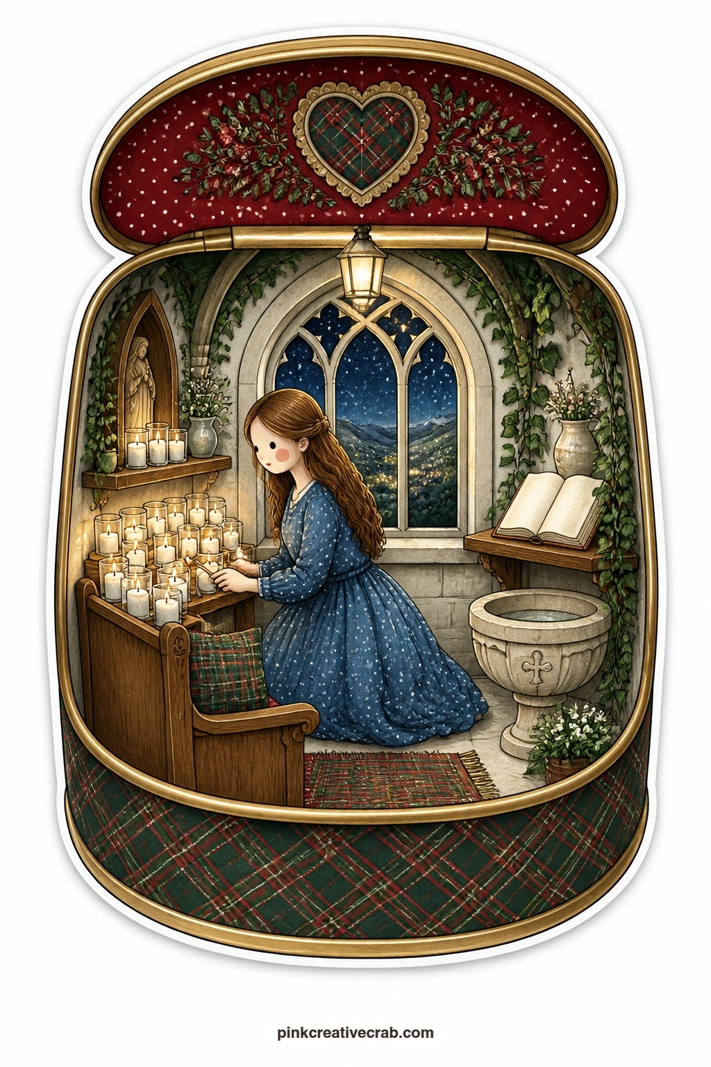 The Candle Tin Chapel",'group':"Art And Quiet Rooms printable page — Lighting votive candles before a small arched window, a young woman kneels in a candle tin