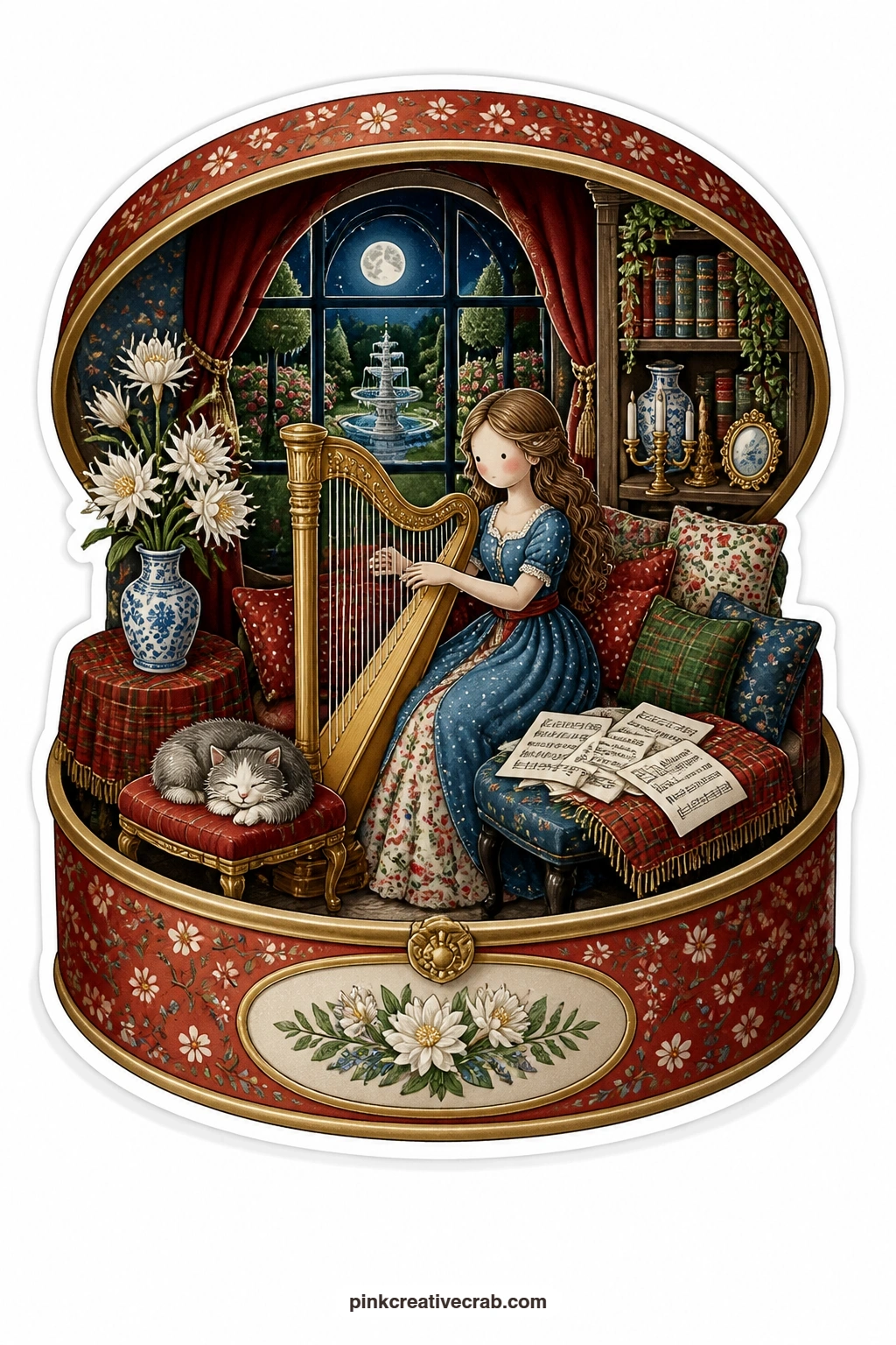 The Harp Room",'group':"Art And Quiet Rooms printable page — Nestles a harp among plump cushions inside a sweets tin music room, a young woman playing softly