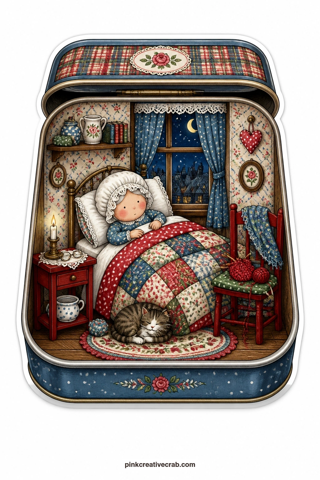 The Mint Tin Bedroom printable page — Settling under a patchwork quilt with her cat curled beside her, an elderly woman sleeps soundly in a mint tin bedroom