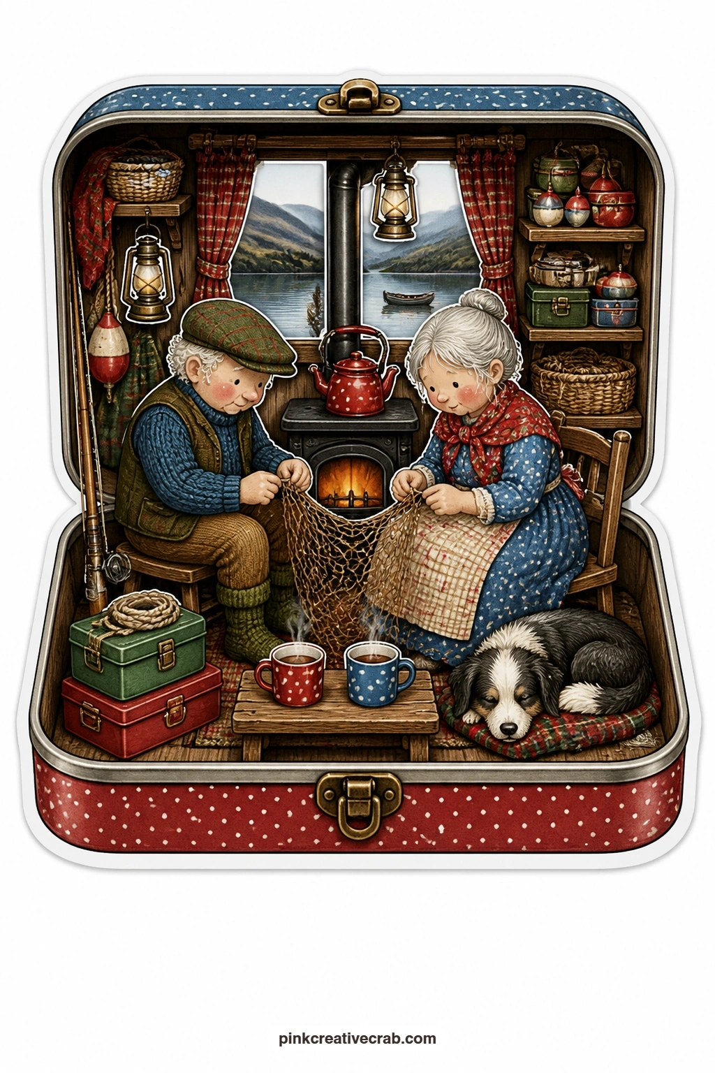 The Fishing Cabin",'group':"Rest And Evening printable page — Mending fishing nets by the glow of a small stove, an elderly couple settle into their evening in