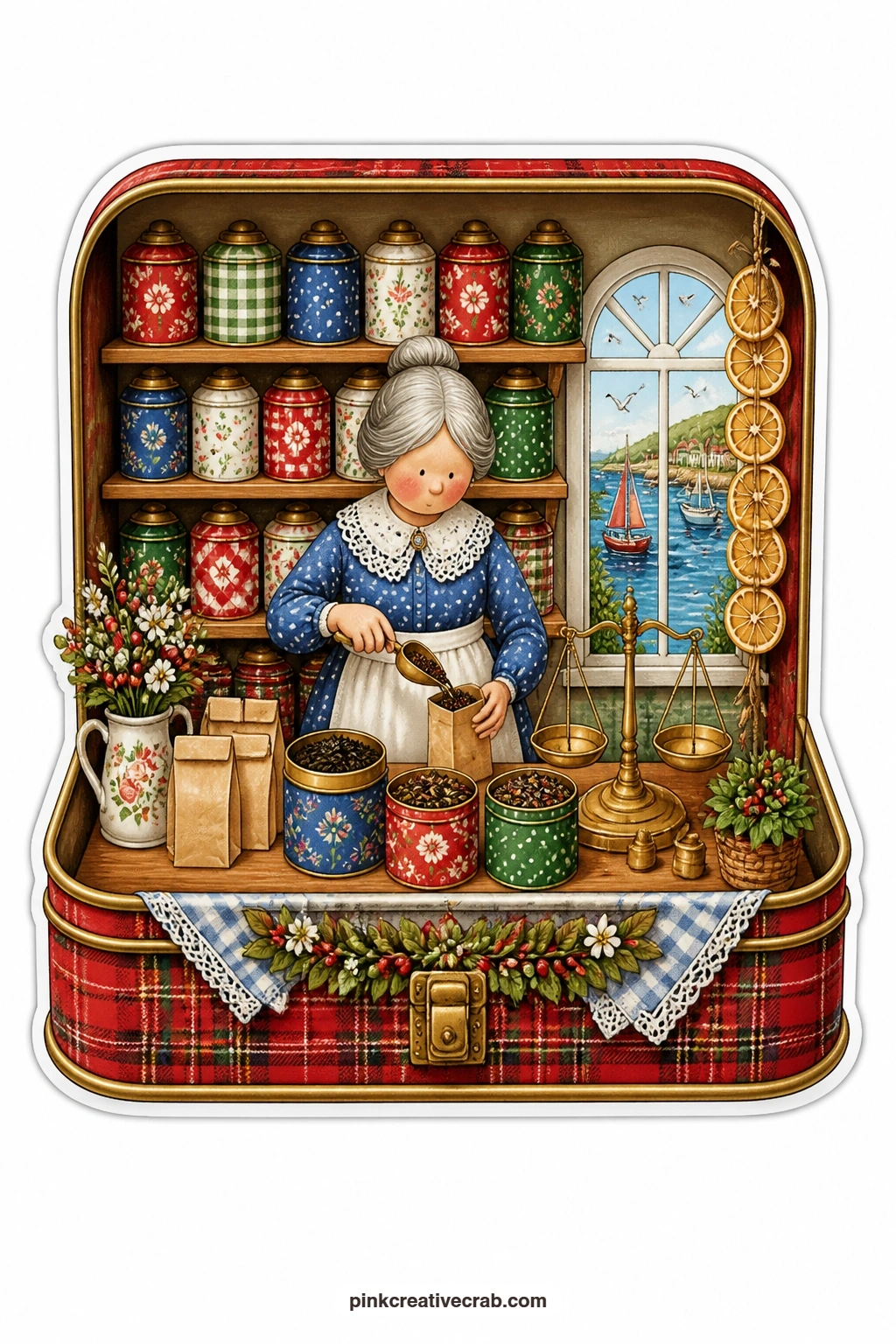 The Tea Tin Shop printable page — Scoops loose tea leaves into paper bags behind the counter of a tea tin shop, an elderly shopkeeper working steadily while a