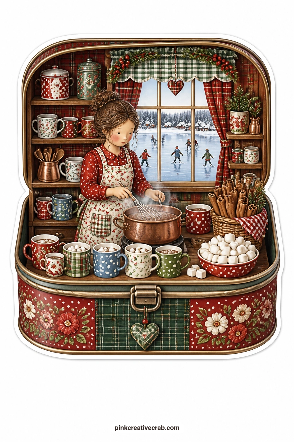 The Cocoa Tin Cafe printable page — Whisks hot chocolate for a steady stream of skaters in a cocoa tin cafe, a young woman working the counter while a frozen