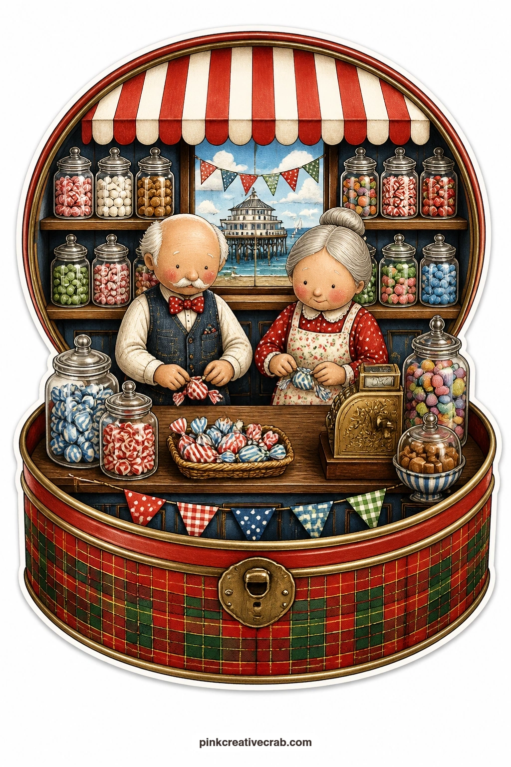 The Toffee Tin Sweet Shop printable page — Wrapping toffees into neat paper twists behind the counter, an elderly couple run their toffee tin sweet shop