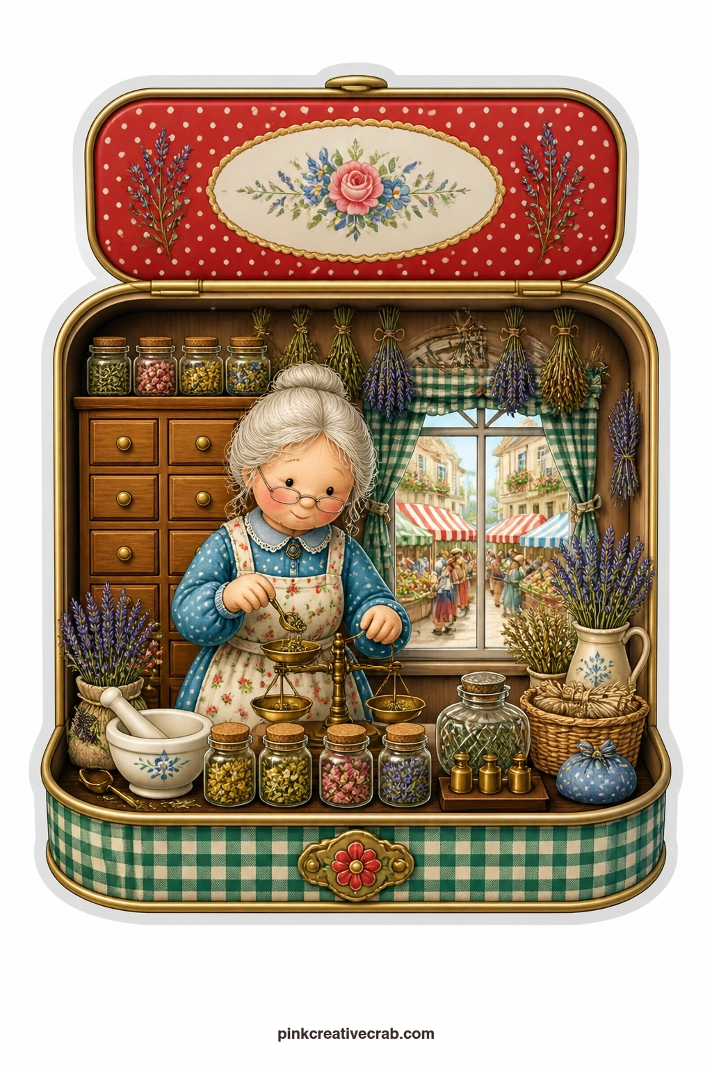 The Pastille Tin Apothecary printable page — Measuring dried herbs into glass jars behind a small wooden counter, an elderly apothecary works quietly in a