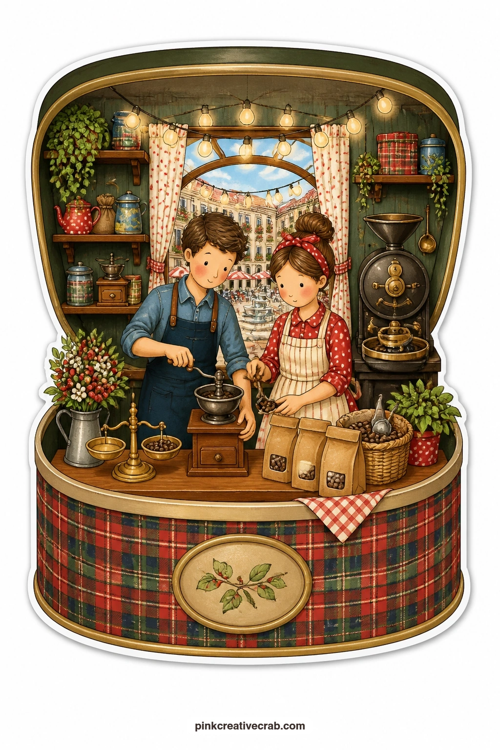 The Coffee Roastery",'group':"Shops And Trades printable page — Grinding fresh beans at a counter fitted with a brass scale, a young couple keep their coffee