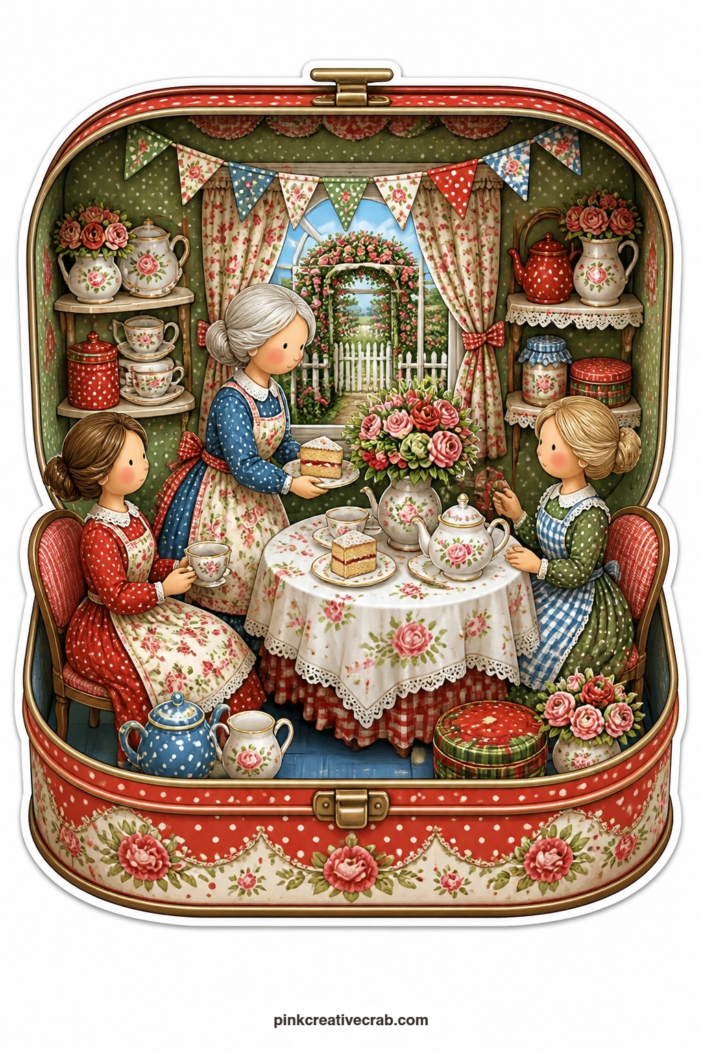 The Cake Tin Tea Party printable page — Serving sponge cake to two old friends at a small table, an elderly hostess fills her cake tin tea party with laughter