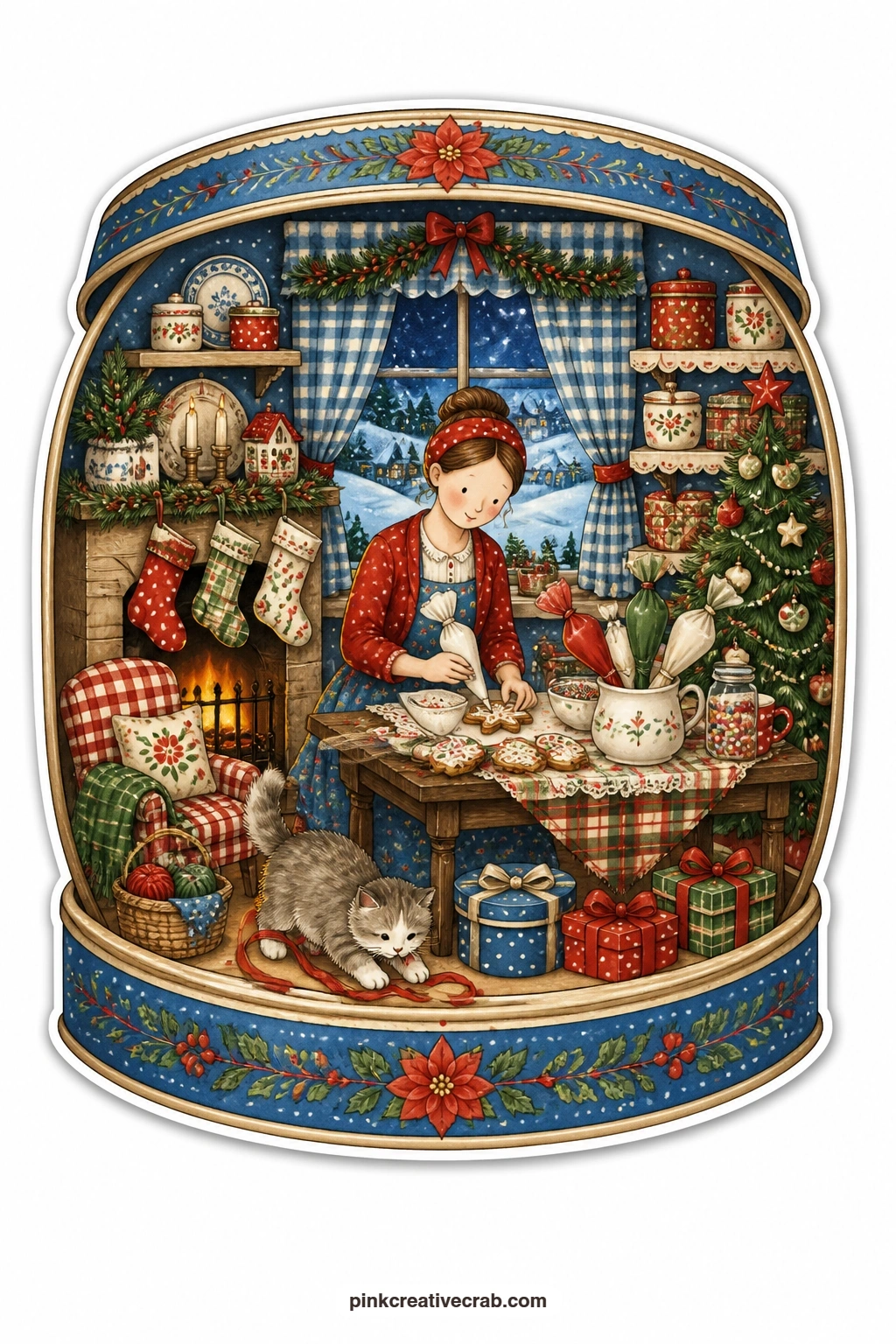 The Cookie Tin Christmas Parlor printable page — Decorating sugar cookies beside a tiny lit tree, a young woman fills the cookie tin Christmas parlor with