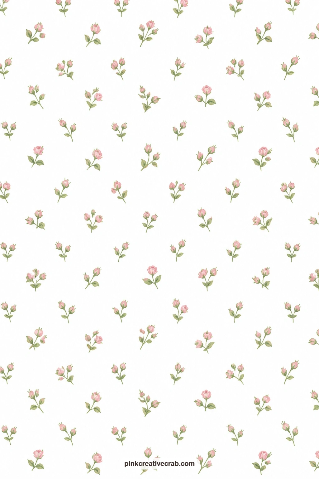 Rosebud Toss Paper printable page — Small pink rosebuds and green leaves scatter loosely across a clean white ground, light enough to sit under a photo without