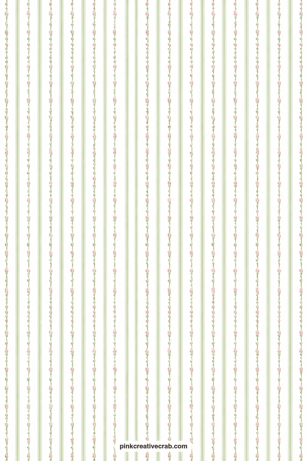 Rosebud Stripe Paper printable page — Thin sage green stripes alternate with rows of tiny rosebuds on white, a tidy base for a gift wrap that pairs well with