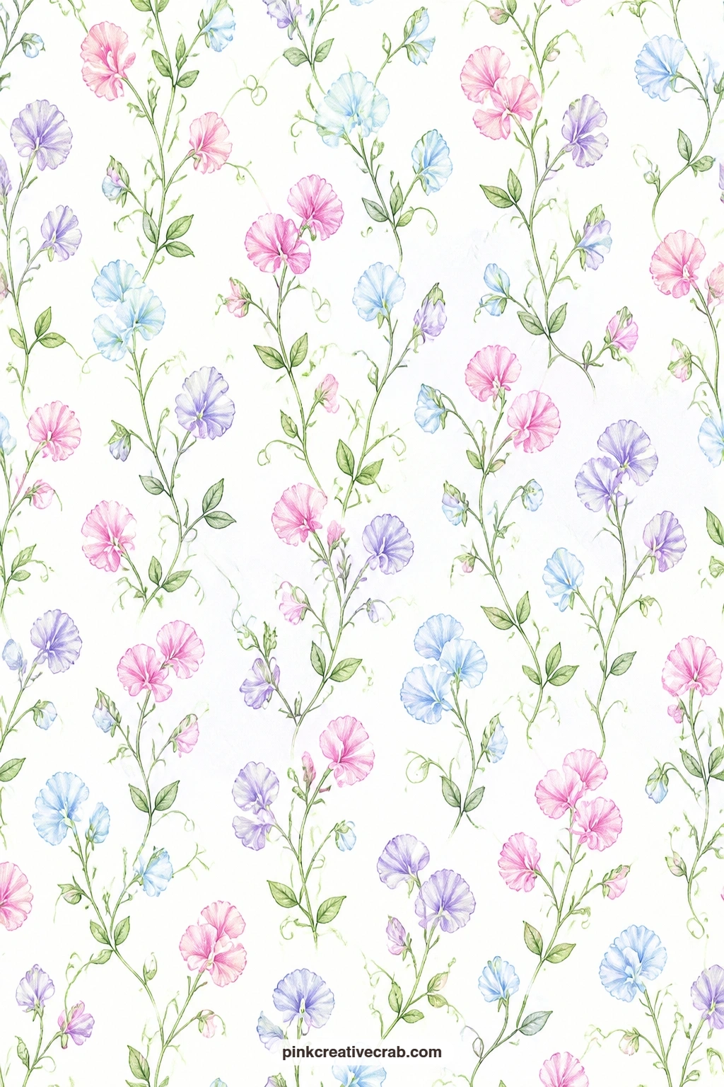 Sweet Pea Climb Paper printable page — Climbing sweet peas twine up the page on white, a pretty wrap for a small gift or a cover for a folio that holds pressed