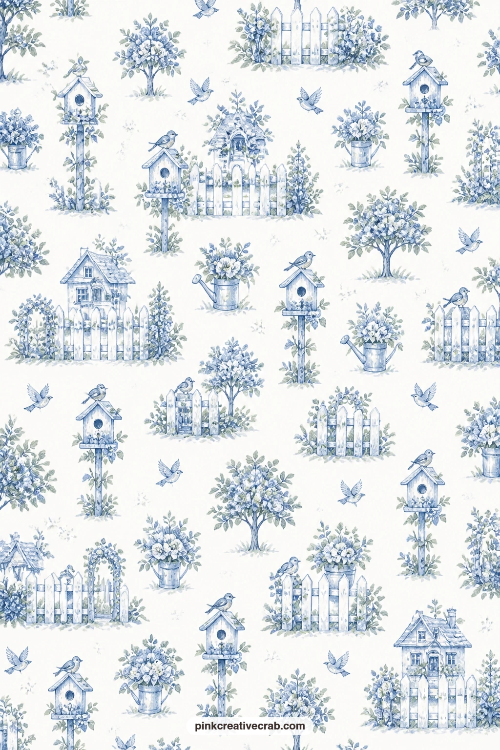 Cottage Toile Paper printable page — A blue and white toile shows cottage gardens, picket fences and birdhouses, a strong choice for a journal base behind a
