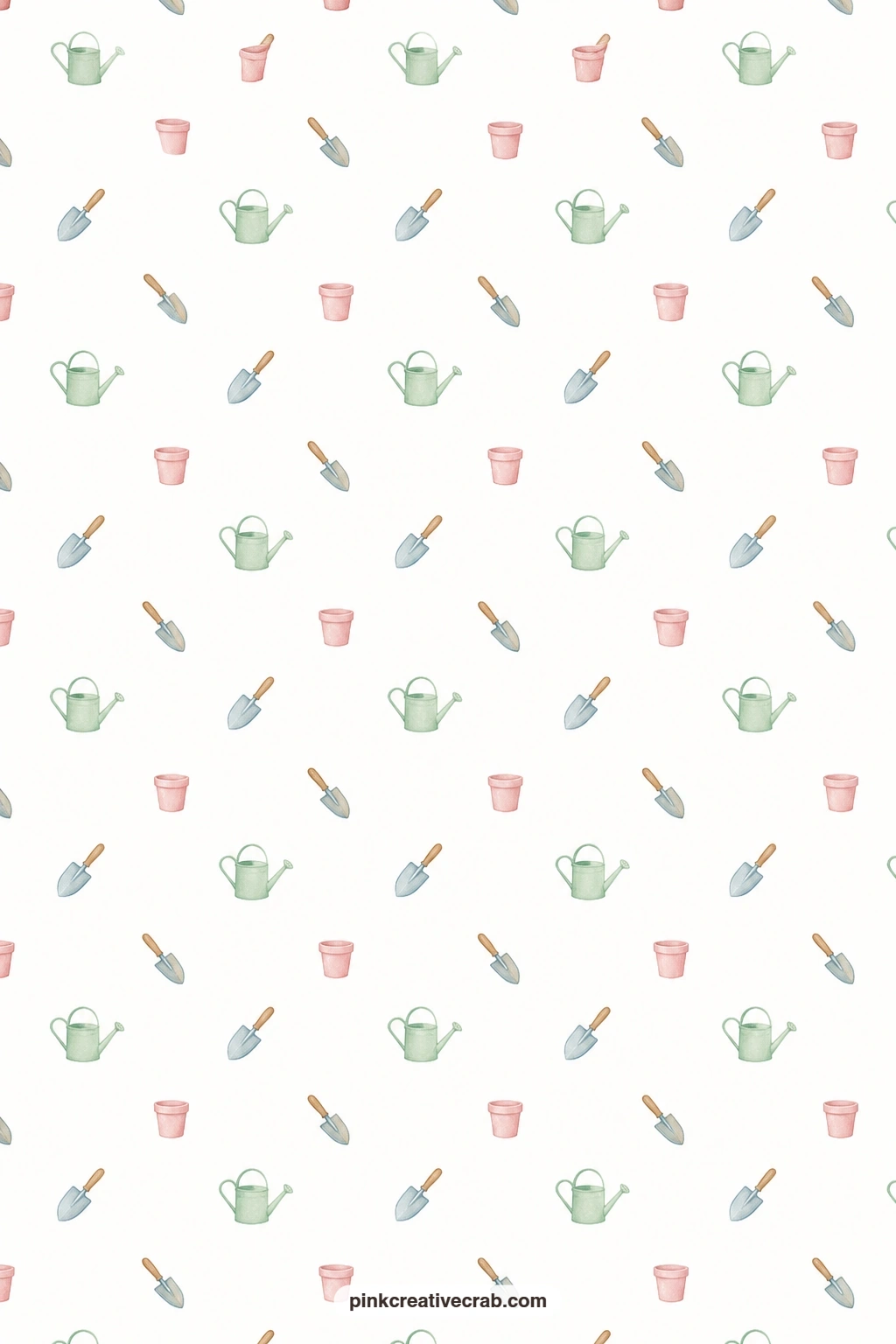 Garden Tool Icon Paper printable page — Tiny watering cans, trowels and seed pots sit as small icons on white, a fun card mat behind a sticker for anyone who