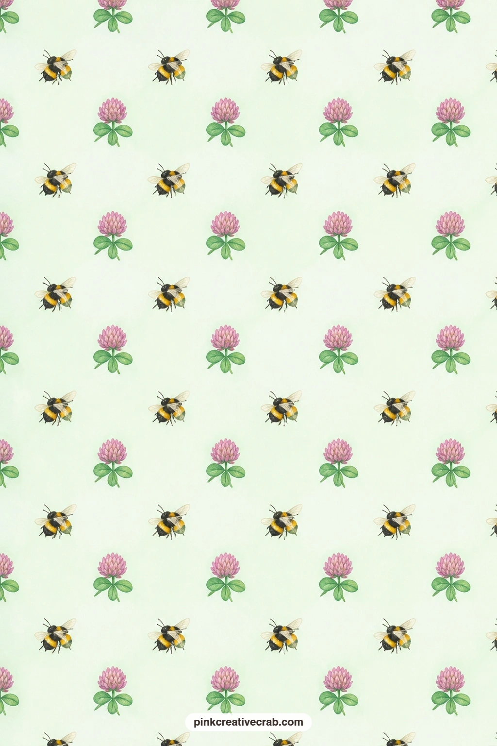 Bee and Clover Paper printable page — Bumblebees and clover flowers repeat in a half-drop pattern on pale mint, a cheerful pocket lining to match any bee