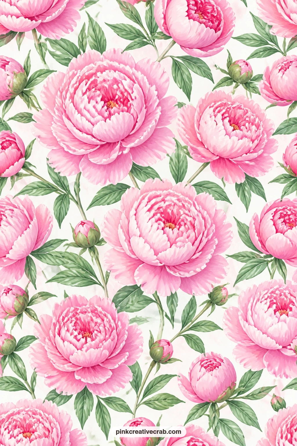 Peony Bloom Paper printable page — Pink peonies and green leaves fill the page in a large dense floral on white, best as a journal base under a single bold