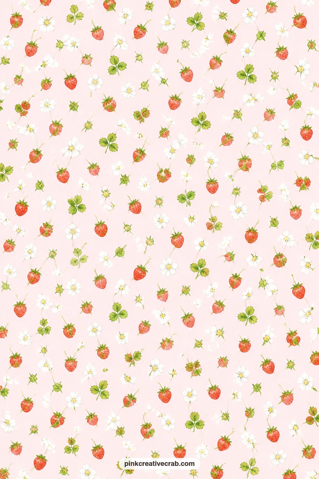 Strawberry Blossom Paper printable page — Small strawberries and white blossoms scatter on a pale pink ground, a sweet pocket lining for a summer page