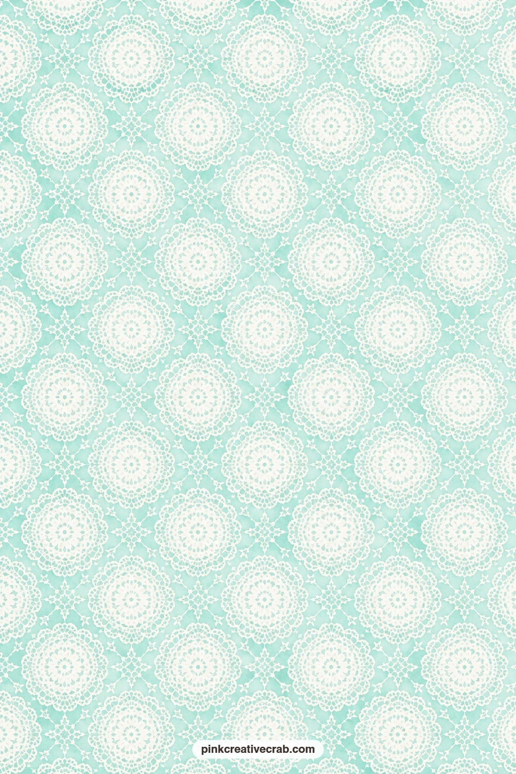 Aqua Doily Lace Paper printable page — A white lace doily print covers a soft aqua ground, a delicate book cover or envelope lining for a vintage style