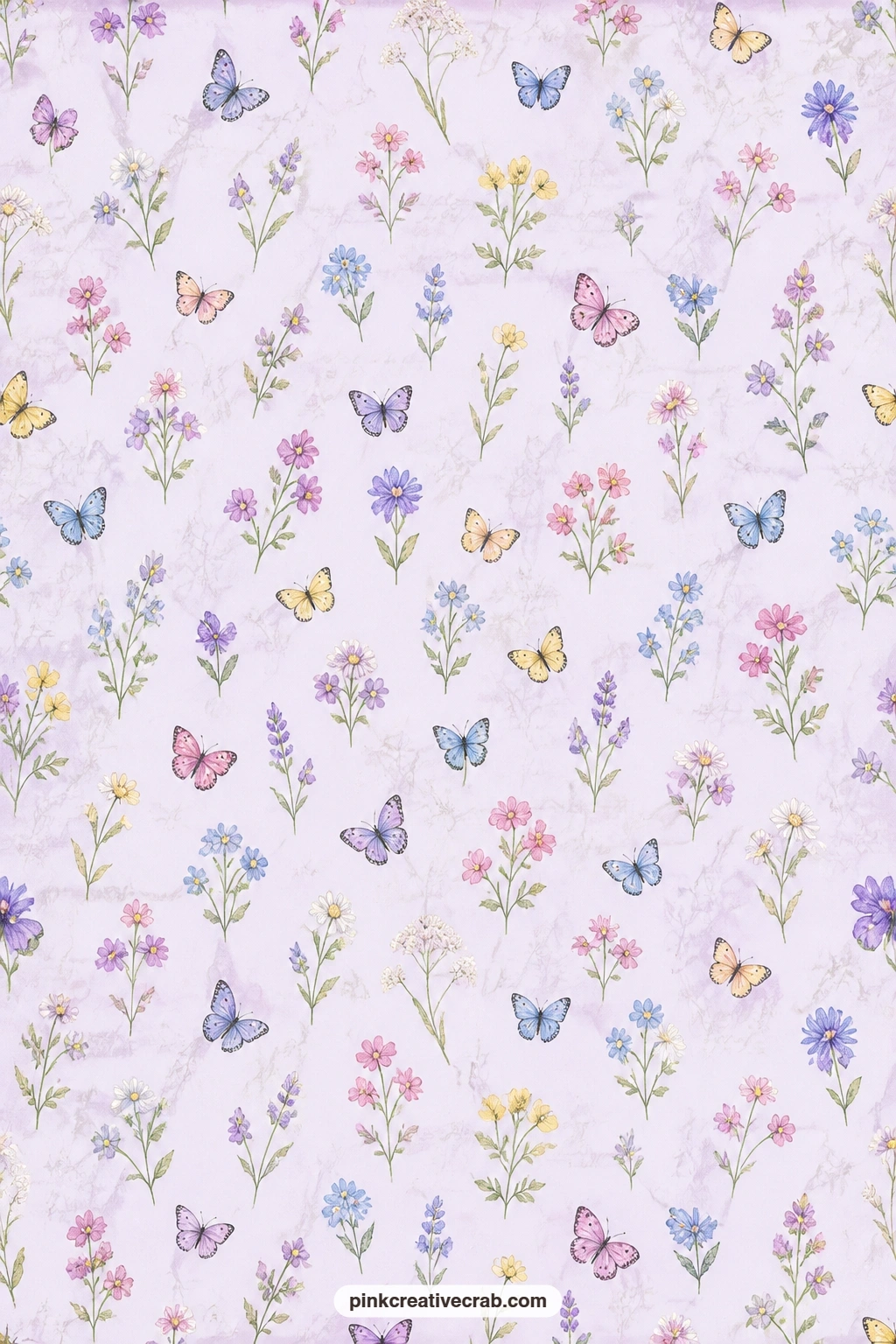 Wildflower Butterfly Paper printable page — Butterflies and small wildflowers scatter on a pale lilac ground, a light final touch for wrapping a small gift or