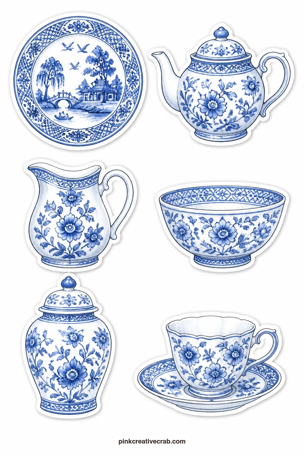 Blue and White China Stickers printable page — A willow pattern plate, a blue teapot, a delft jug, a blue and white bowl, a ginger jar and a blue teacup sit