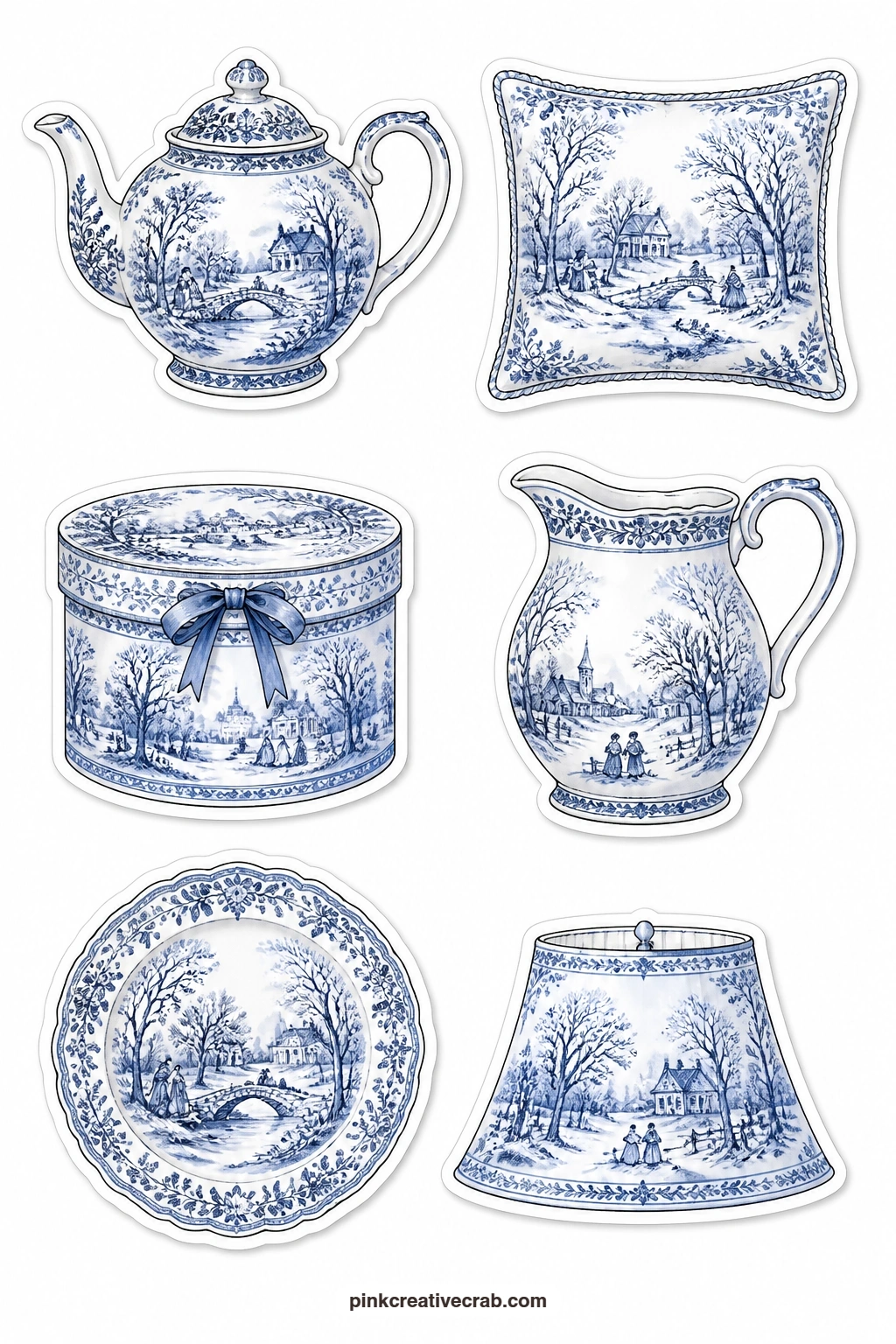 Toile Blue China Stickers printable page — A toile teapot, a toile pillow, a toile hatbox, a toile jug, a toile plate and a toile lampshade bring the classic