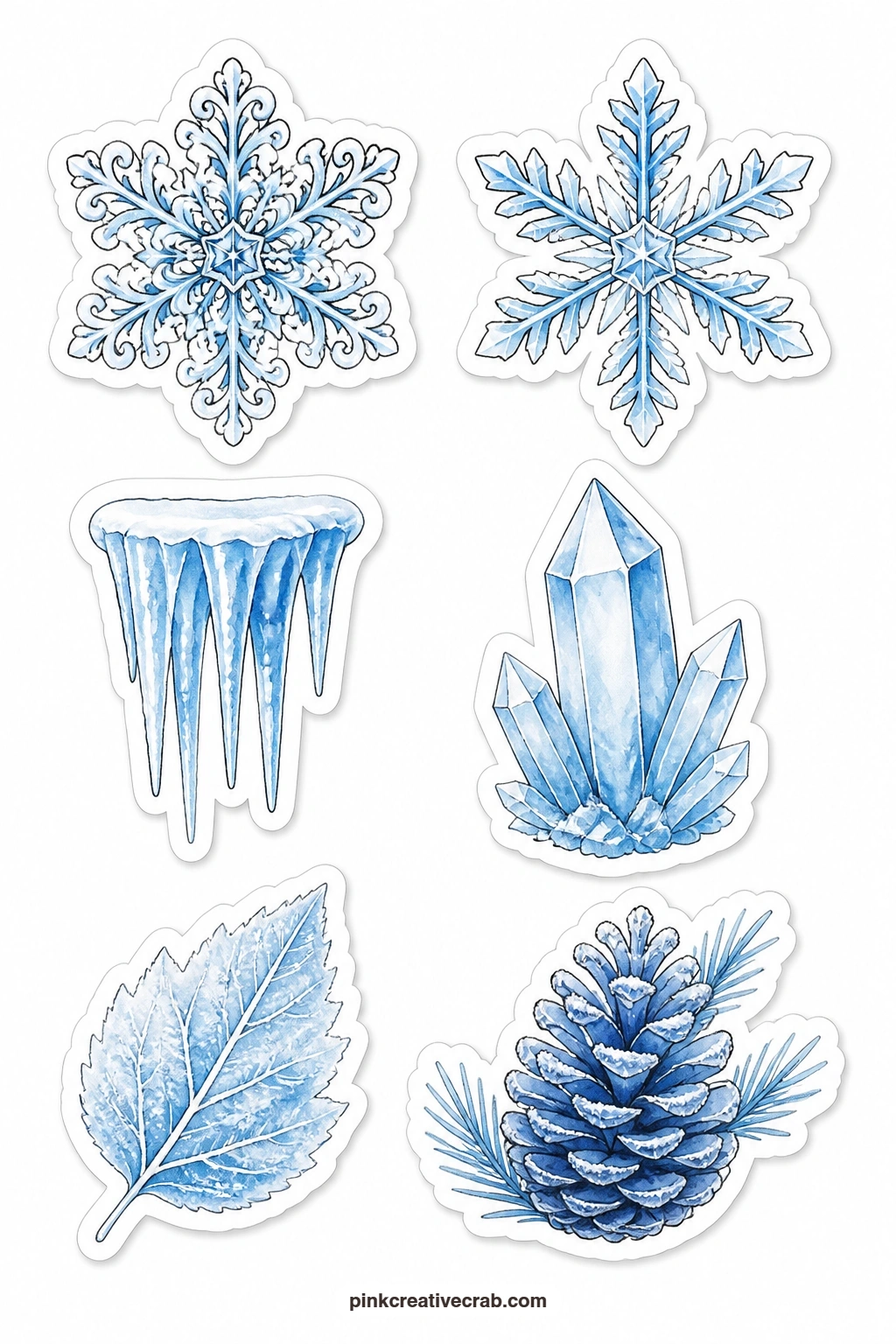 Snowflakes and Ice Stickers printable page — Six cold-weather shapes fill this sheet: a lace snowflake, a star snowflake, an icicle, an ice crystal, a frozen