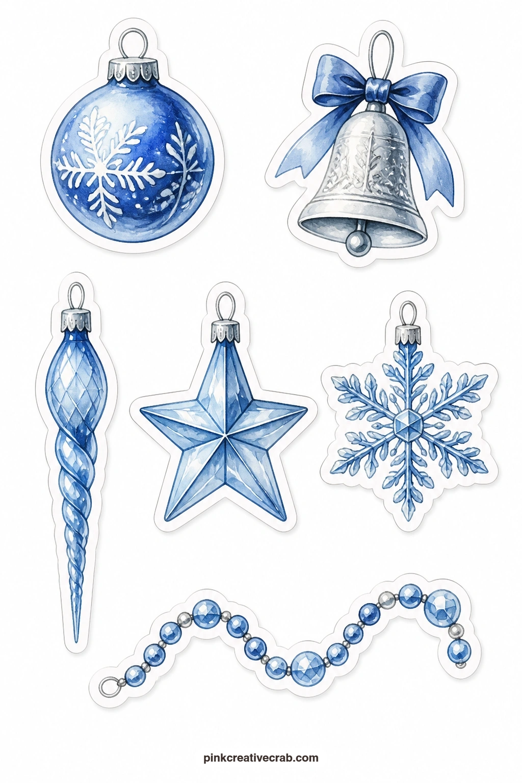 Blue Ornaments Stickers printable page — Print this sheet on sticker paper for a peel and stick finish on gift tags and card fronts, or print it on plain paper