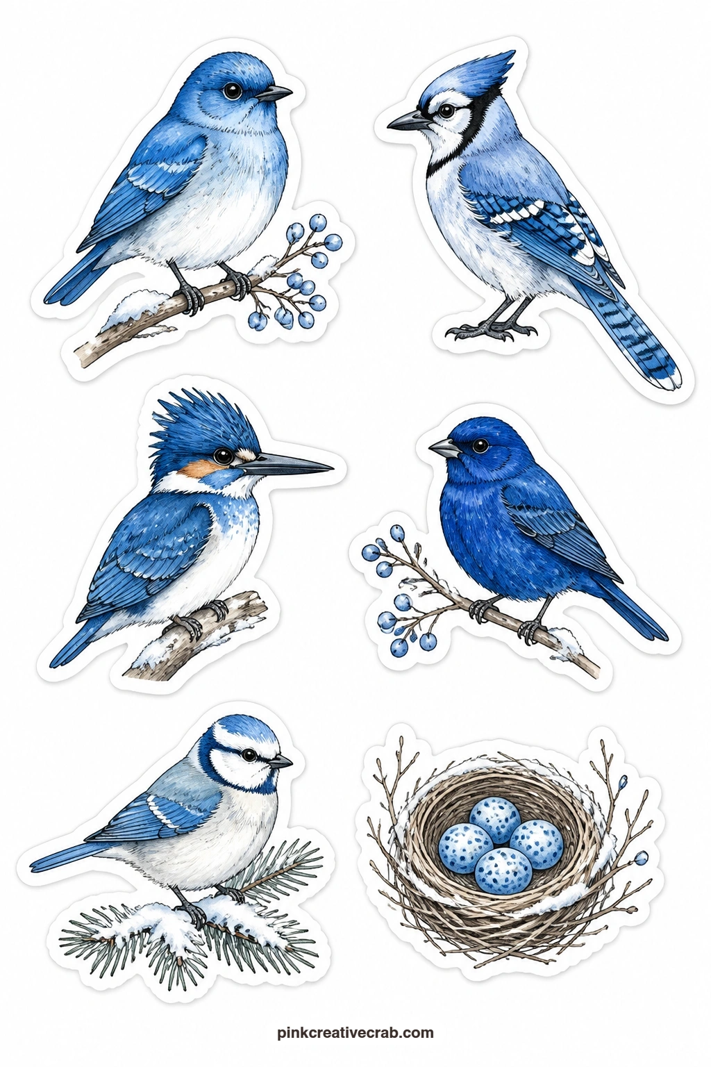 Bluebird Stickers printable page — A bluebird on a branch, a blue jay, a kingfisher, an indigo bunting, a blue tit and a small nest holding blue eggs give you