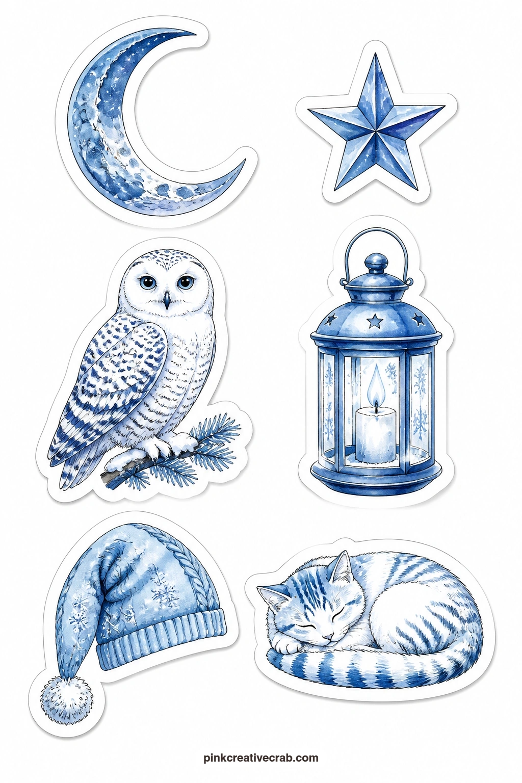 Winter Night Stickers printable page — Leave the thin white border around the crescent moon and the candle lantern when you cut, since their curved edges hold