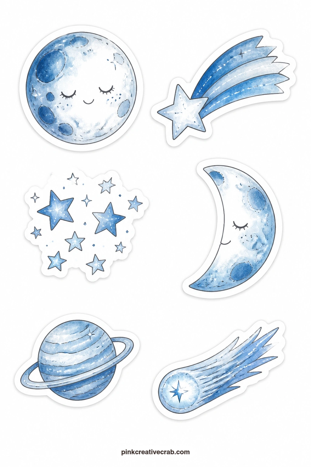 Stars and Moons Stickers printable page — A moon with a face, a shooting star, a star cluster, a half moon, a planet and a comet bring a dreamier, more
