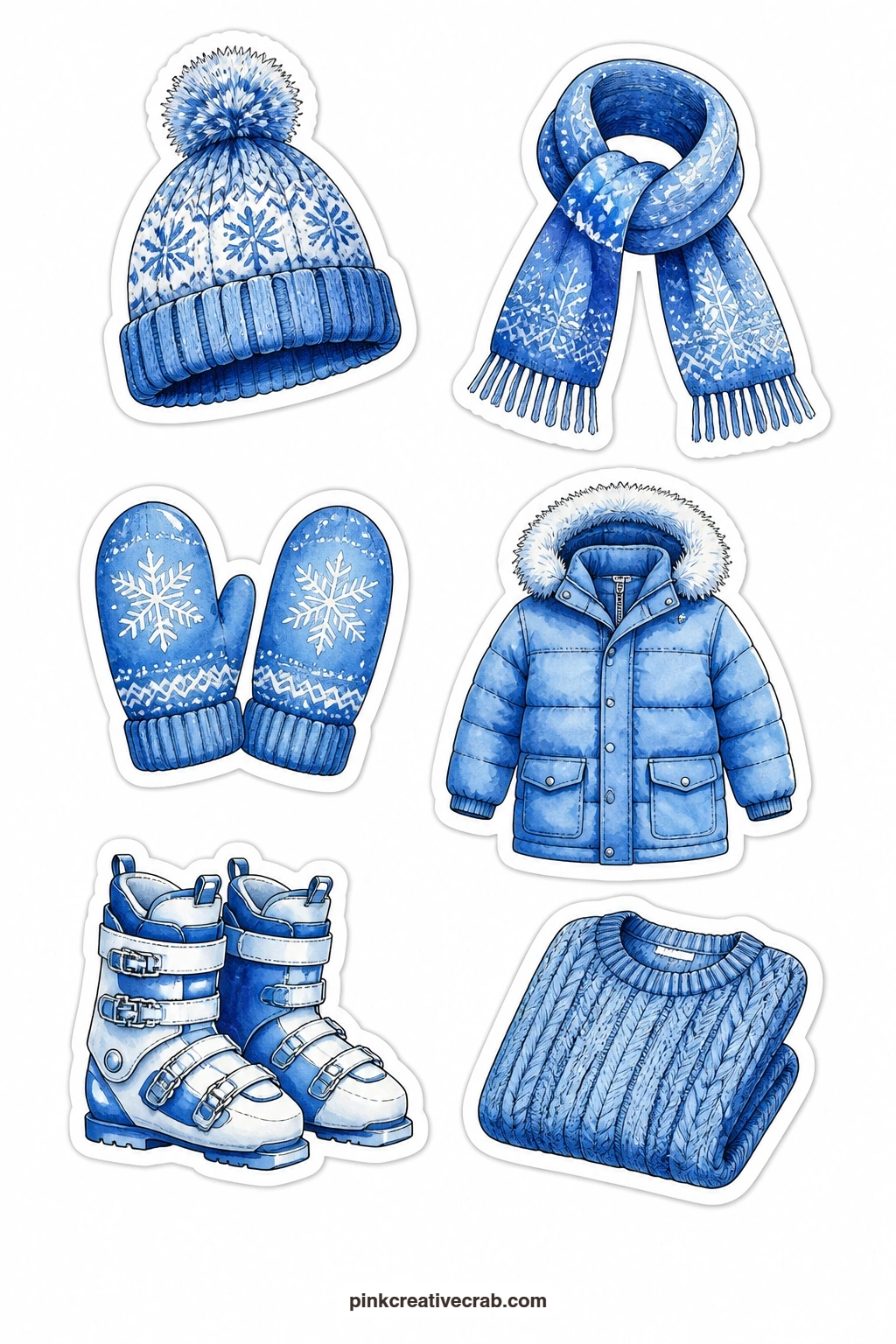 Blue Winter Clothes Stickers printable page — A blue knit hat, a blue scarf, a pair of blue mittens, a blue coat, a pair of blue ski boots and a blue sweater