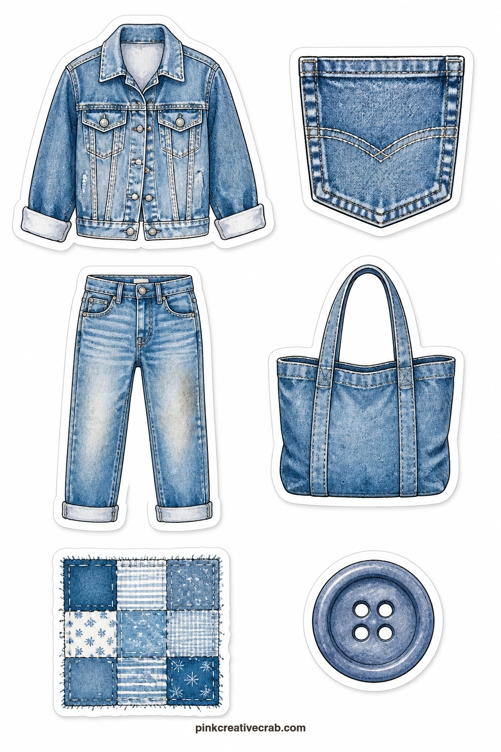 Blue Denim Stickers printable page — A denim jacket, a denim pocket, a pair of jeans, a denim bag, a patchwork patch and a button round out the wardrobe theme