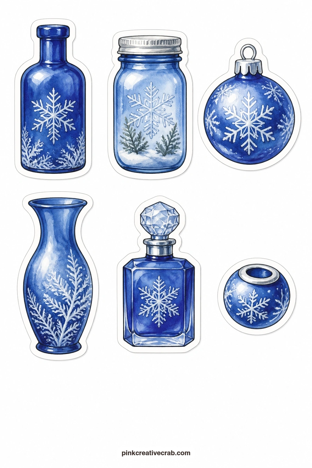 Blue Glass Stickers printable page — A cobalt bottle, a blue mason jar, a blue glass bauble, a blue vase, a blue perfume bottle and a blue glass bead give six