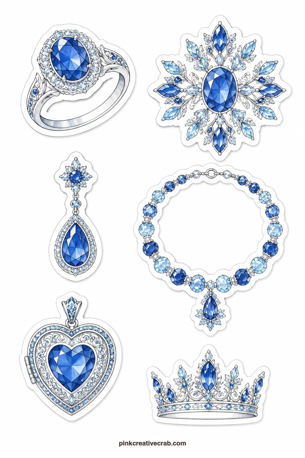 Blue Gems and Jewelry Stickers printable page — A sapphire ring, a blue brooch, a blue drop earring, a blue bead necklace, a blue locket and a blue crown turn