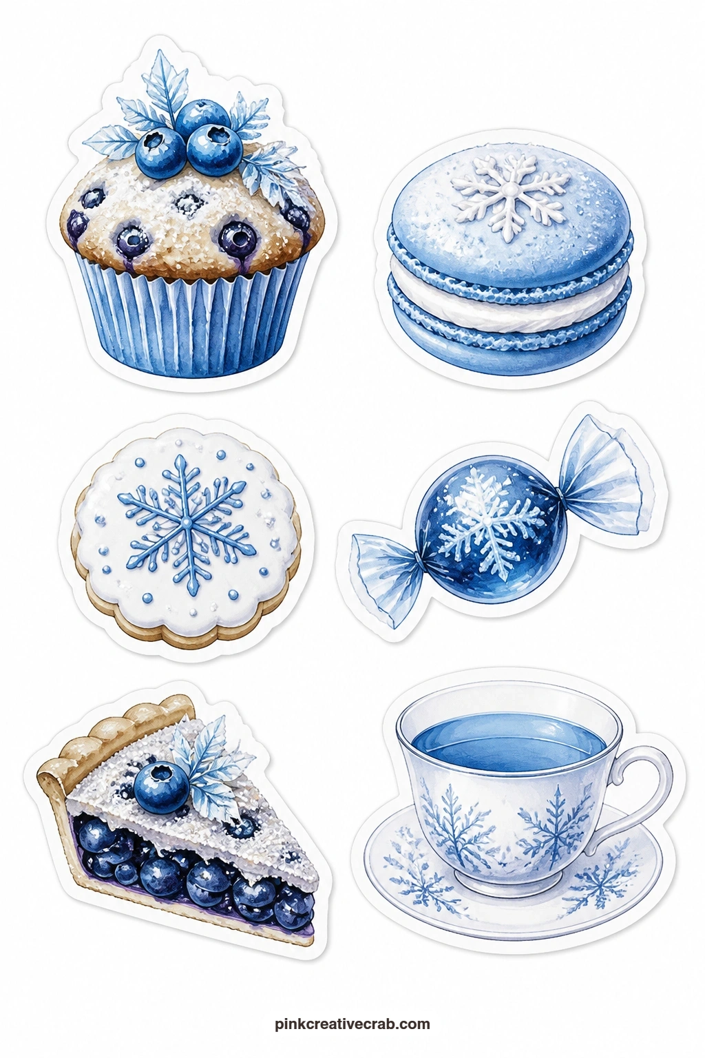 Icy Sweets Stickers printable page — A blueberry muffin, a blue macaron, a frosted cookie, a blue candy, a blueberry pie and a cup of blue tea cover the